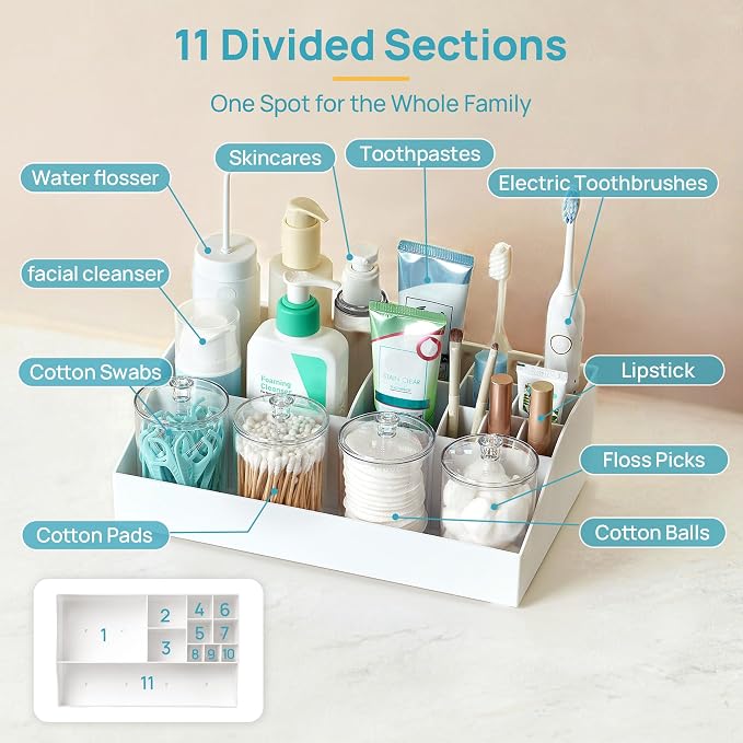 Vtopmart 5 PCS Bathroom Countertop Organizer Sets, White | 1 Divided Tray with 4 Qtip Holder Jars, For Toothbrush, Cotton Pads Balls, Floss, For Bathroom Countertop - Image 5