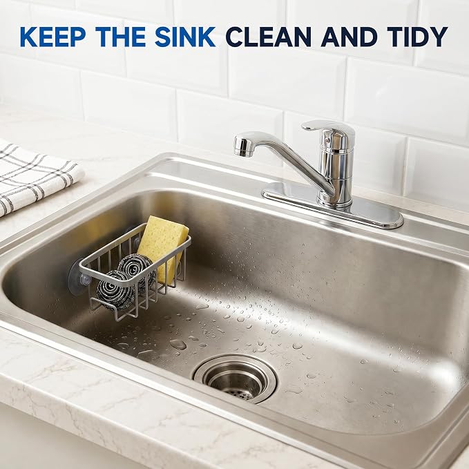 Sponge Holder for Kitchen Sink - Rustproof Coated Sink Caddy with 2 Side Hooks | Heavy Duty Suction Cup In-Sink Organizer for sponge, Scrubber & Stopper, Silver - Image 5
