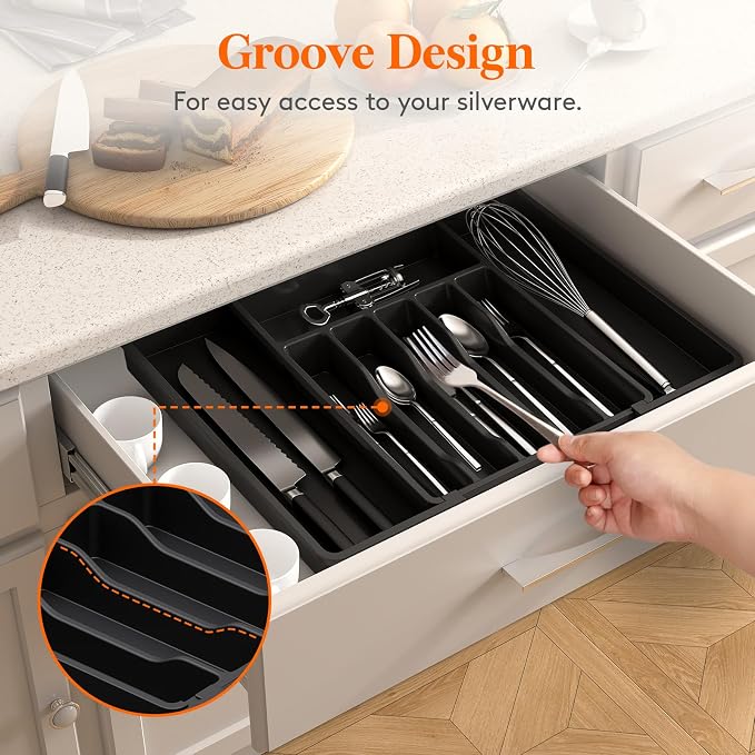 Lifewit Extra Large Silverware Drawer Organizer, Expandable Utensil Tray | BPA Free Flatware Cutlery Holder for Kitchen, Adjustable Plastic Storage for Spoons Forks Knives, 13-22.4 x 16.7", Black - Image 8