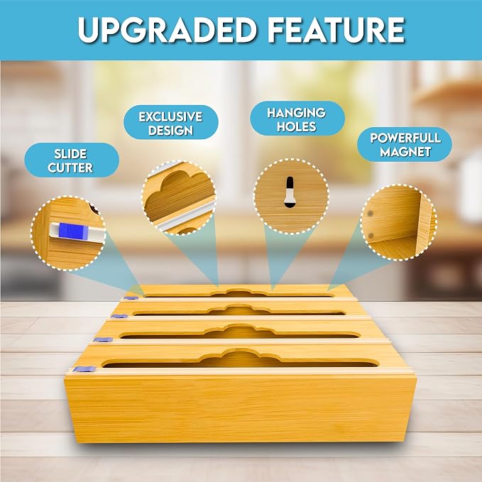 Bamboo Aluminum Foil Organizer & Plastic Wrap Dispenser with Cutter for 11" Rolls - 4 in 1 Parchment, Wax Paper & Saran Wrap Holder - Tin Foil Wrap Organizer for Kitchen Drawer, Countertop & Pantry - Image 5