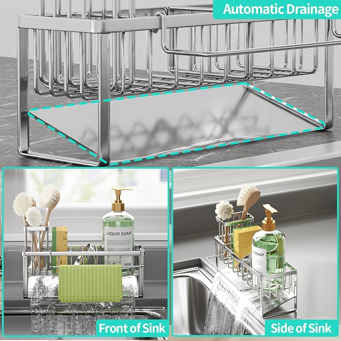 HapiRm Sponge Holder for Kitchen Sink - Self-draining Rustproof Organizer | Sloping Self-draining, Detachable Brush Holder, Stores Sponges, Brushes & Dishcloth, For Countertop Storage, Silver - Image 2