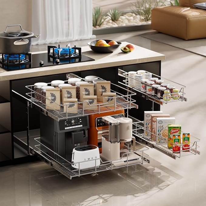 2 Tier Pull Out Cabinet Organizer 11" W X 17" D, Chromed, Full Slide Out | For Kitchen Organizers and Storage, Pull Out Drawers For Cabinets Capacity Heavy Duty Caddy, Cabinet Shelves, Bathroom Pantry - Image 8