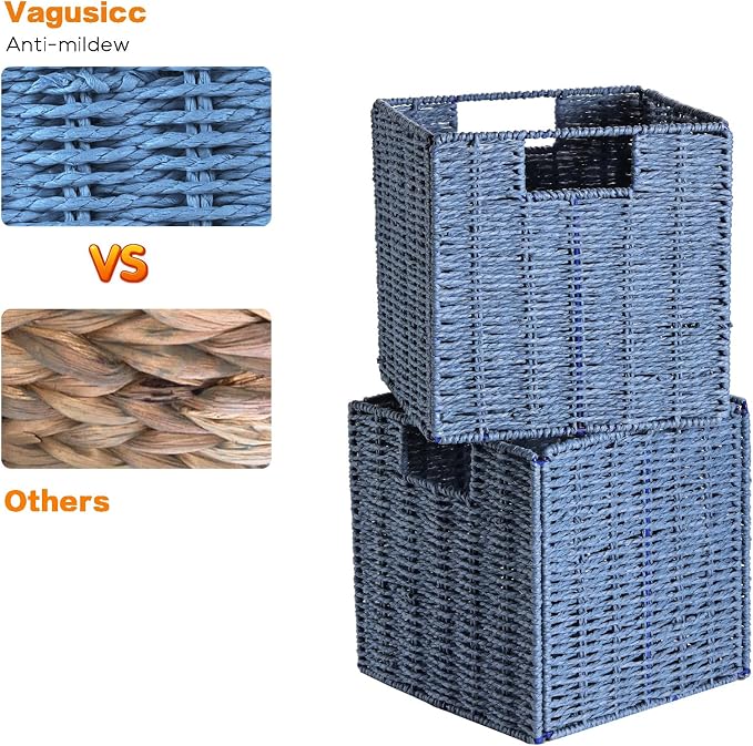 Wicker Basket, Set of 2 Hand-Woven Paper Rope Storage Baskets for Organizing, Foldable Cubby Storage Bins, 9 Inch Small Wicker Storage Basket, Square Baskets Cube Storage Organizer Bins, Blue - Image 6