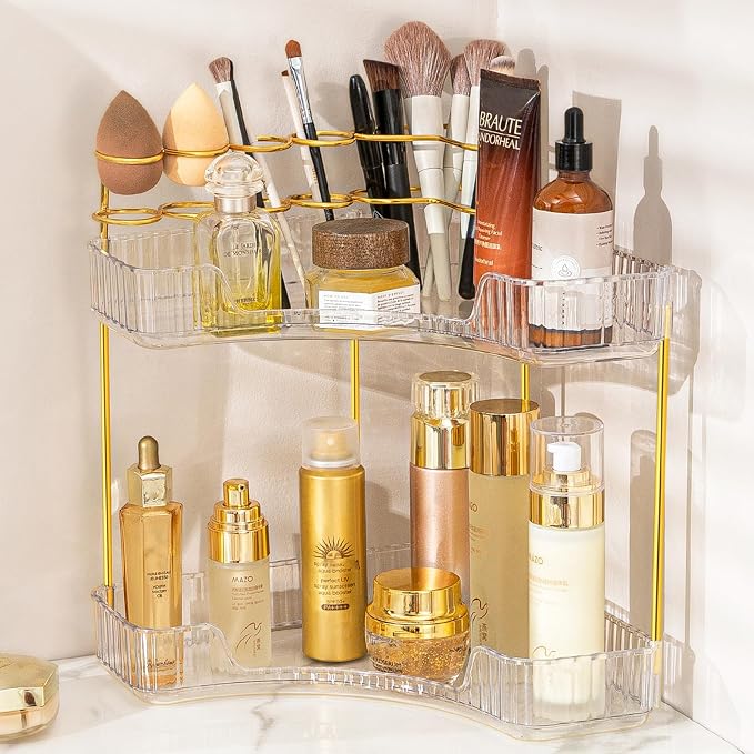 Makeup Organizer 2-Tier Bathroom Counter Organizer with Makeup Brush Holder | Corner Bathroom Organizer Countertop, Acrylic Counter Storage for Bathroom Dresser, Skincare Perfume Organizer-Clear by NATURESSOURCE
