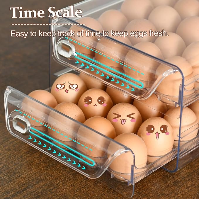 2 Tier Egg Holder for Refrigerator, 40 Eggs Clear Drawer Organizer | Clear Stackable Holder Tray with Drawer for Fridge, Storage Container with Handles for Refrigerator, Countertop, Kitchen - Image 4