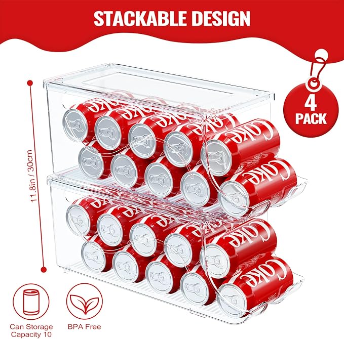 SCAVATA 4 Pack Stackable Refrigerator Organizer, Soda Can Dispenser Pop Cans Container Beverage Holder with Lid for Fridge, Freezer, Kitchen, Clear Plastic Storage Bins-Holds 10 Cans Each - Image 2