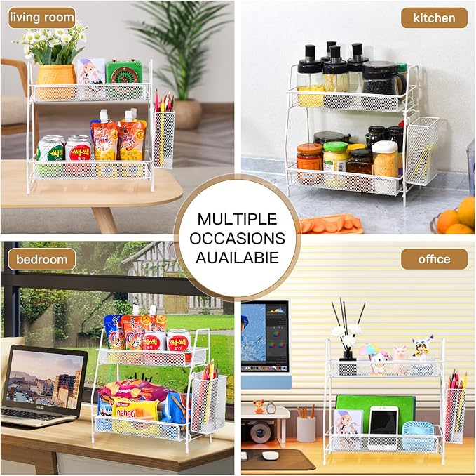 Countertop organizer for bathroom counter, bathroom organizers and storage, spice rack organizer for kitchen counter shelf with small basket(White) - Image 8