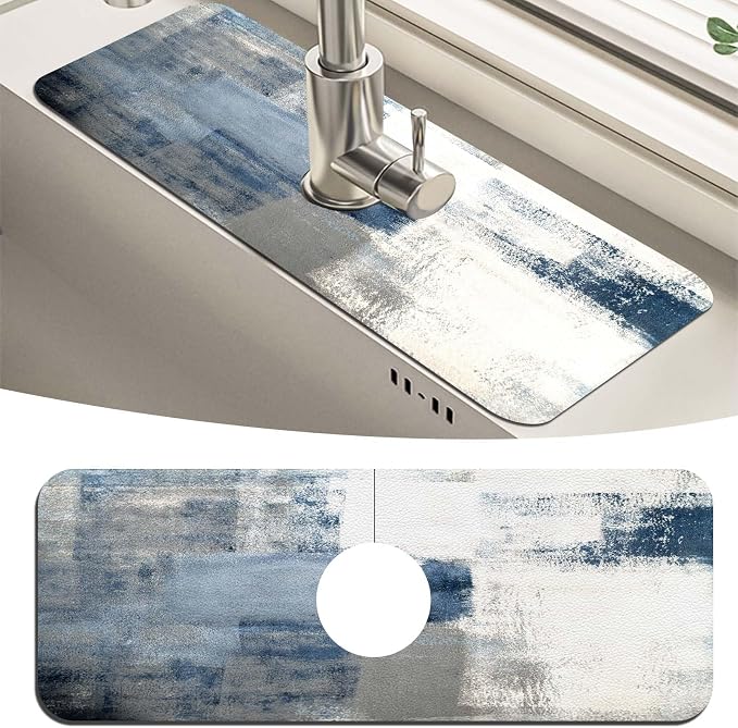 MCALK Blue Kitchen Sink Faucet Mat Splash Guard, Absorbent Quick-Dry Kitchen Sink Mat - Ideal for Splash Guard & Drip Catching with Abstract Art Decor( 1pc 15"x5.5") by MCALK