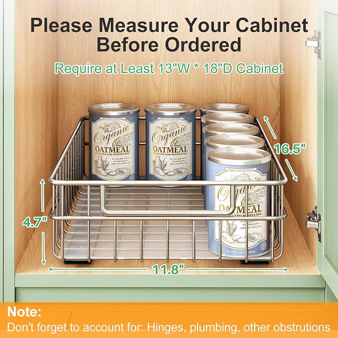 Stainless Steel Pull Out Cabinet Organizer(11.8"W x 16.5"D x 4.7"H)-1 Pack, Minimalist Design Frame, Full-Extension Slide Rails, Easy Installation for Pantry Organizers or Kitchen Cabinet Organizer - Image 2