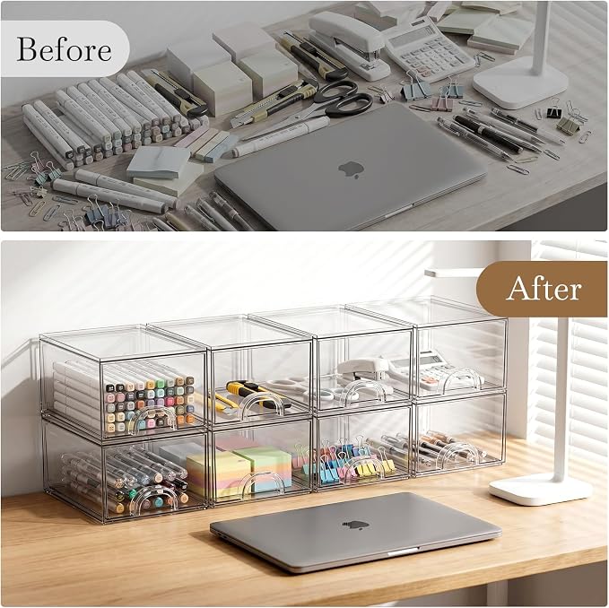 8 Pack Small Clear Stackable Acrylic Storage Boxes & Drawers | Storage Organizer, Clear Plastic Makeup Organizer, Ideal for Vanity, Cabinet, Desk Organization, Art Tool & Sketch - Image 8