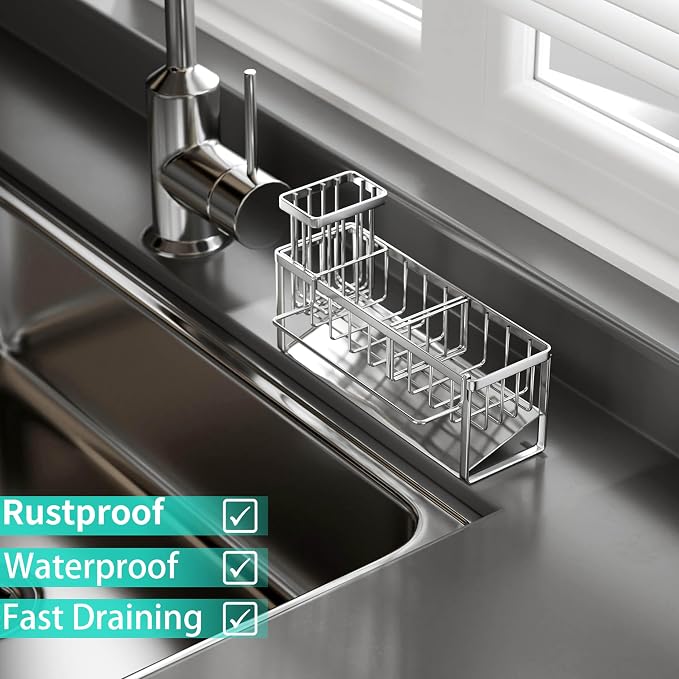 HapiRm Sponge Holder for Kitchen Sink - Self-draining Rustproof Organizer | Sloping Self-draining, Detachable Brush Holder, Stores Sponges, Brushes & Dishcloth, For Countertop Storage, Silver - Image 5