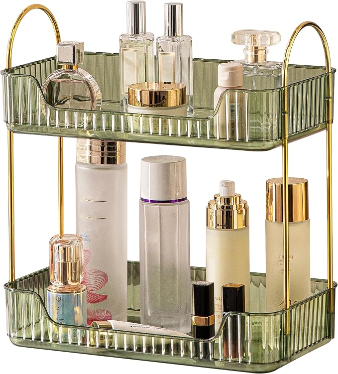 Akinbas 2 Tier Bathroom Organizer Countertop Makeup Perfume Tray Skincare Organizer for Bathroom Dresser Vanity (Green) by AKINBAS