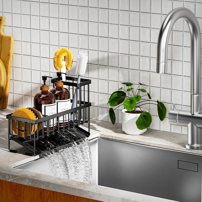 Cisily Extra Large Kitchen Sink Caddy Organzier with High Brush Holder, Sponge Holder for Sink, 304 Rustproof Stainless, Kitchen Countertop Soap Dispenser Organizer For Decor and Accessories - Image 3