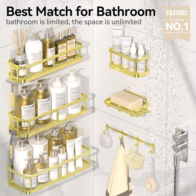 Shower Caddy Adhesive, Rustproof Shower Organizer with Soap Holder, Large Capacity Shower Shelves for Inside Shower, No Drilling Bathroom Organizers and Storage for Home Decor（6 Pack Gold） - Image 2