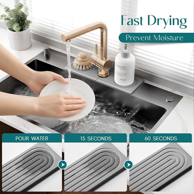 Faucet Mat for Kitchen Sink - Wider Diatomite Fast Drying Stone Sink Tray, Super Absorbent, Prevents Moisture Buildup - Faucet Splash Guard for Bathroom Counter (Grey, 15x5.3inch) - Image 3