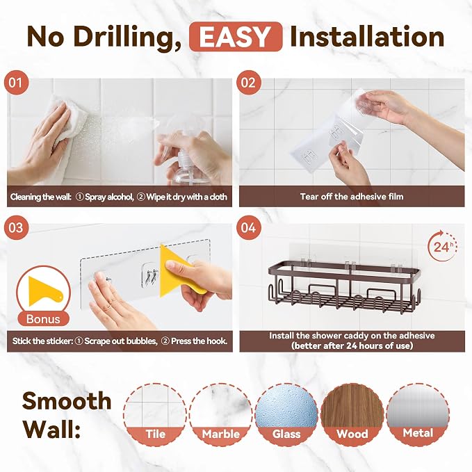 Shower Caddy Adhesive, Rustproof Shower Organizer, Wall Shower Rack | Large Capacity Shower Shelves for Inside Shower, Shampoo Shower Holder, Bronze, 2 Caddies, 2 Soap Dishes, 1 Toothbrush Holder - Image 8