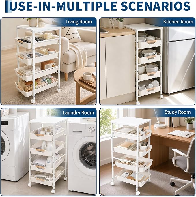 Garvee 5-Tier Slim Rolling Storage Cart, 12.6" Wooden Top Narrow Kitchen Carts on Wheels with Pull-Out Baskets, Mobile Shelving Unit Organizer for Kitchen, Bathroom, Laundry Room, Small Spaces - Image 7