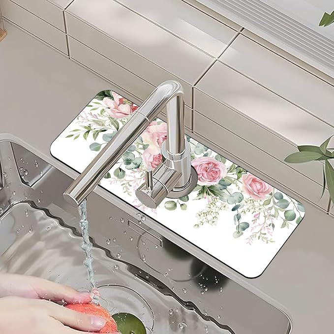 Faucet Mat for Kitchen Sink Watercolor Floral Pink Flowers Sink Splash Guard Behind Faucet Soft Diatom Mud Material Non-slip Easy to Clean for Bathroom & Kitchen 15"X5.5" - Image 6