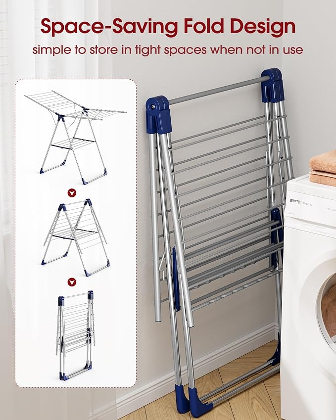 Sakugi Clothes Drying Rack, 55.5" Adjustable Wings, Foldable Design | Laundry Room, Bedroom, Outdoor & Indoor Use, Height Adjustable, Collapsible, Silver Blue, 55.5" L × 22.8" W - Image 4