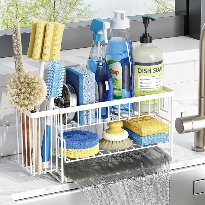 Cisily White 2-Tier Kitchen Sink Caddy Organzier Rack with Flexible Dish Brush Holder, Sponge Holder for Kitchen Sink Countertop Organization Storage,Home Decor Accessories by CISILYHOMELIFE