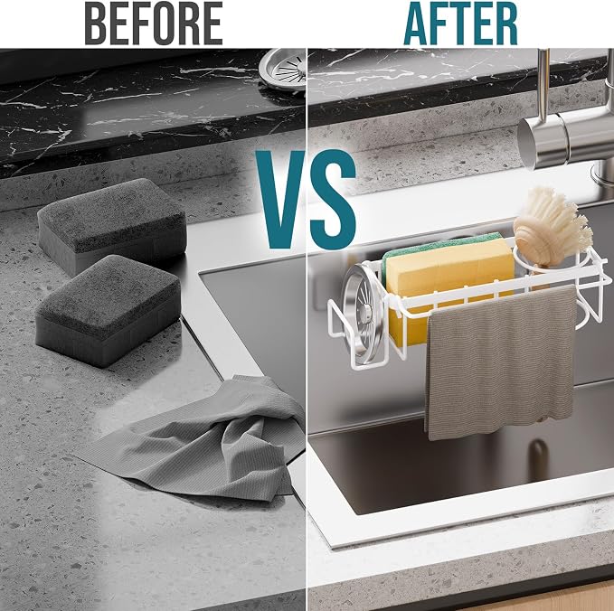 TAILI 4-in-1 Sponge Holder for Kitchen Sink with Strong Suction Cup-White | Removable Rustproof 304 Stainless Steel Multi-compartment Sponge Holder with Suction Cup, Keeps Brushes & Scrubbers Tidy - Image 6