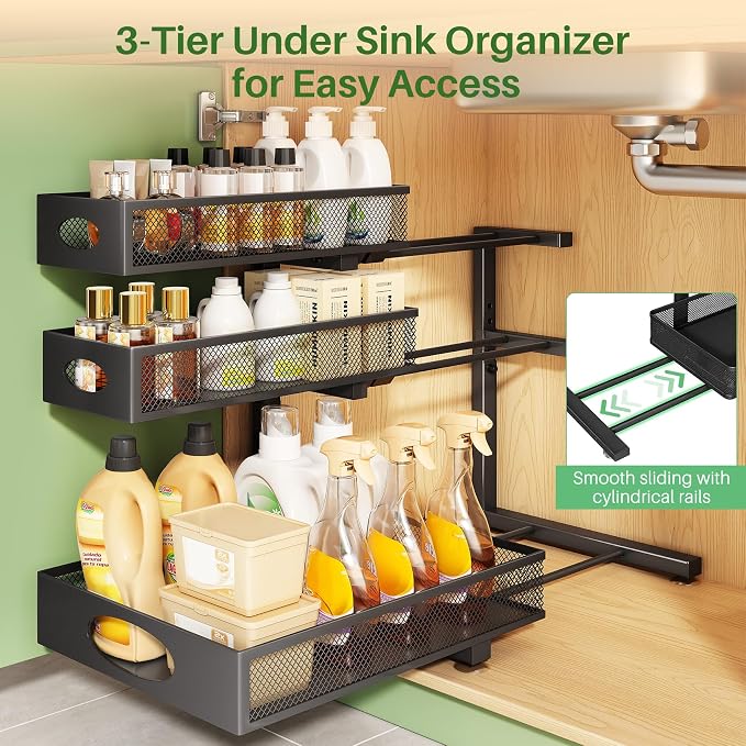 Kitstorack Under Sink Organizer 3-Tier Slide Out Drawer 1-Pack Black | Height Adjustable, Metal Mesh Storage Rack, Pull out Cabinet Organizer Shelf for Bathroom Kitchen Pantry Home Organization - Image 4