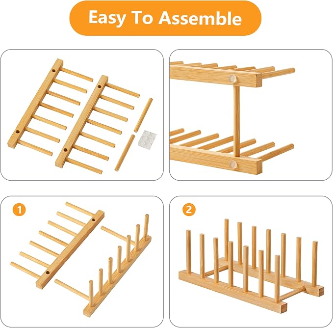 HBlife 4pcs Bamboo Dish Plate Bowl Cup Book Pot Lid Cutting Board Drying Rack Stand Drainer Storage Holder Organizer Kitchen Cabinet（Keep Dry） - Image 3