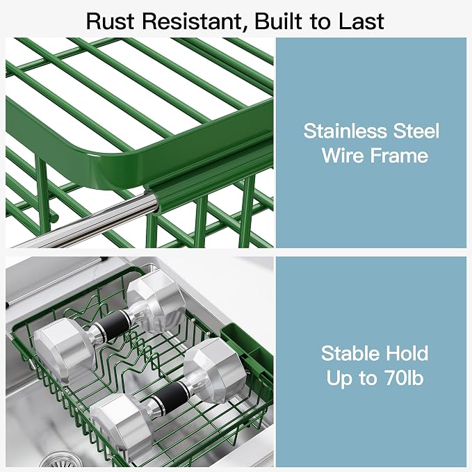 JASIWAY Green Dish Drying Rack Over the Sink with Utensil Holder | Expandable Stainless Steel Dish Driainers for Small Kitchen, Apartment, Counter Space Saving, Fast Drain, Rust Resistant - Image 5