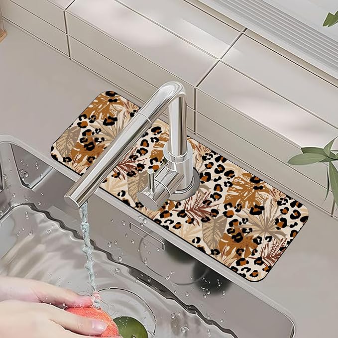 Kitchen Faucet Mat Brown Tropical Palm Leaf Sink Splash Guard Behind Faucet Draining Mat Kitchen Accessories Non-slip Easy to Clean for Bathroom & Kitchen 15"X5.5" - Image 6