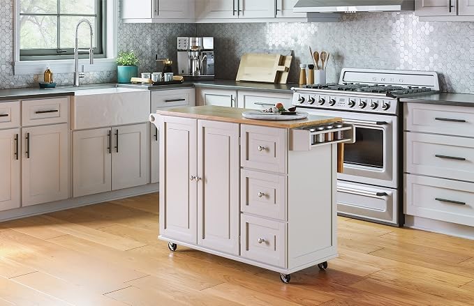 Homestyles Dolly Madison Off-White Mobile Kitchen Island Cart with Wood Drop Leaf Breakfast Bar - Image 6