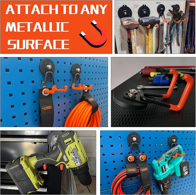 ULIBERMAGNET Heavy Duty Magnetic Garage Hooks,4 Pack Strong Large Magnet Hooks for Power Drill,Garden Tools,Hose,Pegboard,Garage, Workshop,Magnetic Storage Hooks for Indoor Outdoor Hanging(Orange) - Image 4