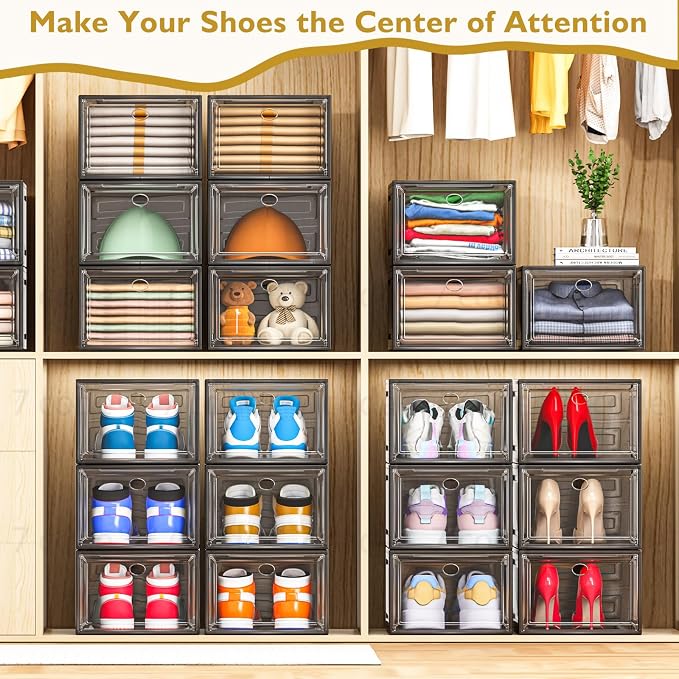 Sturdy Clear Shoe Organizer with Magnetic Door, Stackable Shoe Storage Box | Thick Plastic Shoe Storage for Sneakers & Boots, Collapsible Closet Shoe Rack and Clear Shoe Box, 6 Pack Black - Image 7