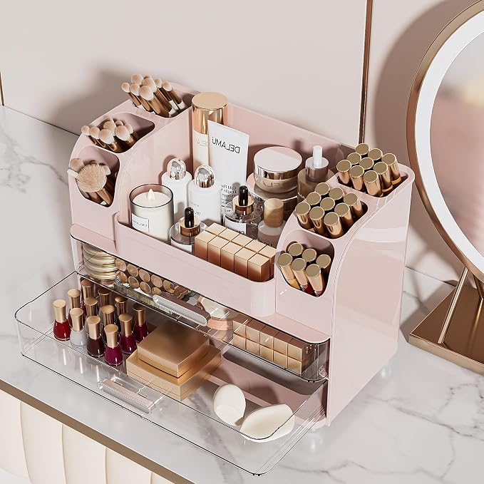Delamu Large Makeup Organizer Countertop with 6 Brush Holders, Pink | Vanity Organizer with 2 Drawers, Gift for Women & Girls, Holds Perfume, Skincare, Lipstick, Nail Polish & Hair Accessories - Image 6