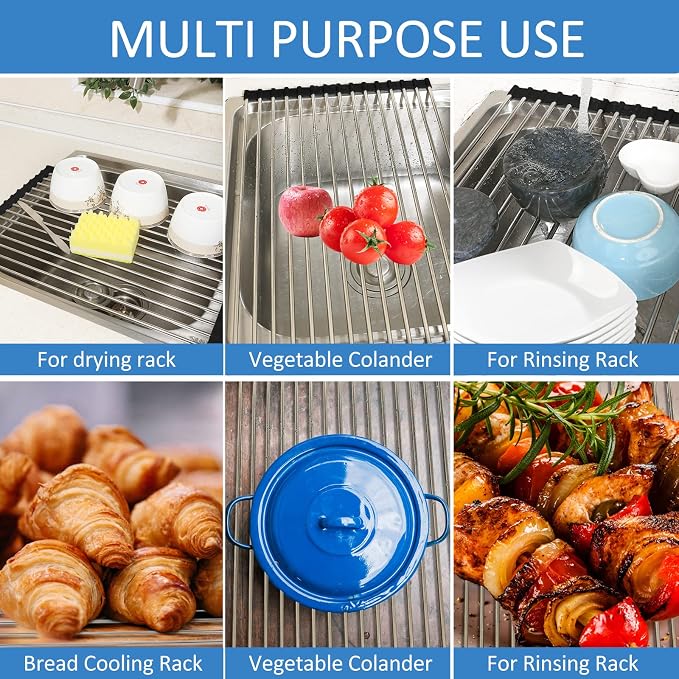 Ahyuan Roll up Dish Drying Rack Over The Sink Kitchen Roll up Sink Drying Rack Portable Dish Drainer Foldable Dish Drying Rack (Warm Gray, 17.8''X11.8'') - Image 3