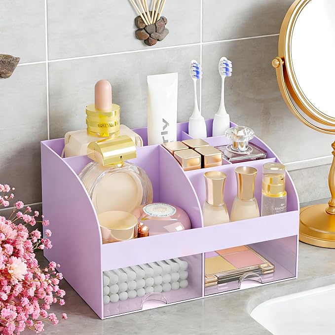 Makeup Organizer with 2 Drawers, Cosmetic Storage for Dresser Vanity and Bathroom Countertop,Make up organization and Skincare Storage with Beauty Brush Holder, Cosmetic Display Case (Purple) - Image 6