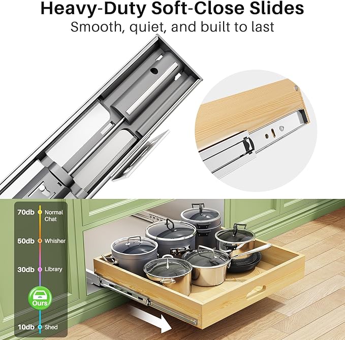 2Pack Pull Out Cabinet Organizer, Soft Close Wooden Slide Out Drawers for Pots, Full-extension Roll Out Shelves for Kitchen Cabinets, Pantry Organization, Bottom and Side Mount(21"W X 21"D x 3.4''H) - Image 4