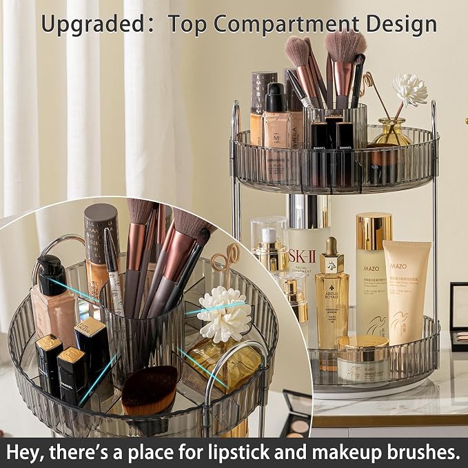 Rotating Makeup Organizer for Vanity, High-Capacity Skincare Clear Make Up Storage Perfume Organizers Cosmetic Dresser Organizer Countertop 360 Spinning (Gray, New-2 Tier) - Image 3