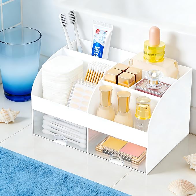 Makeup Organizer with 2-Drawer, Countertop Cosmetic Storage for Vanity | Skincare Organizer with Brush Storage for Dresser Desktop Bathroom, White - Image 2