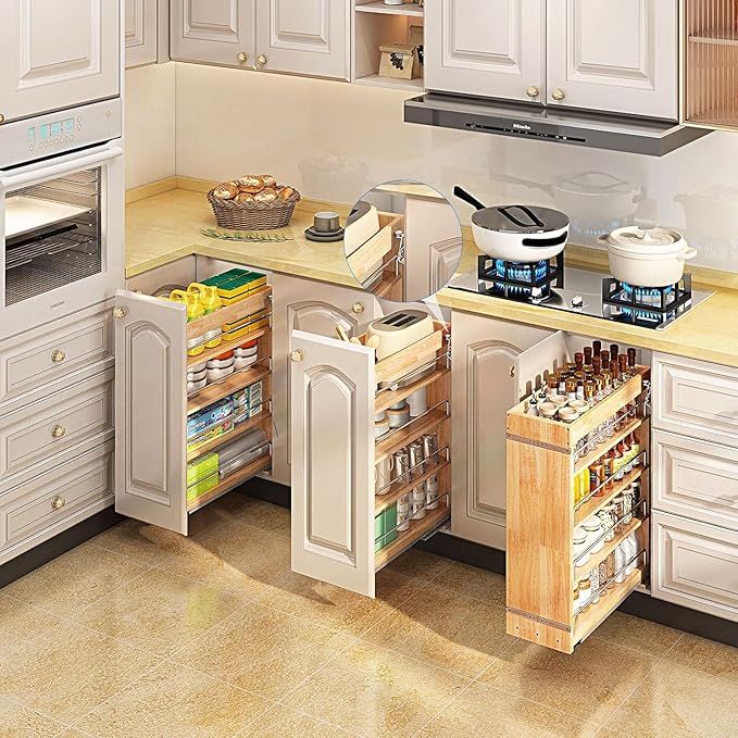 DINDON Pull Out Spice Rack Organizer for Cabinet, (6.5" W x 21.9" D x 25.2" H) Multi-Use Wood Pull Out Cabinet Organizer Slide Out Shelf Cabinet Storage for Kitchen, Pantry Organization - Image 2
