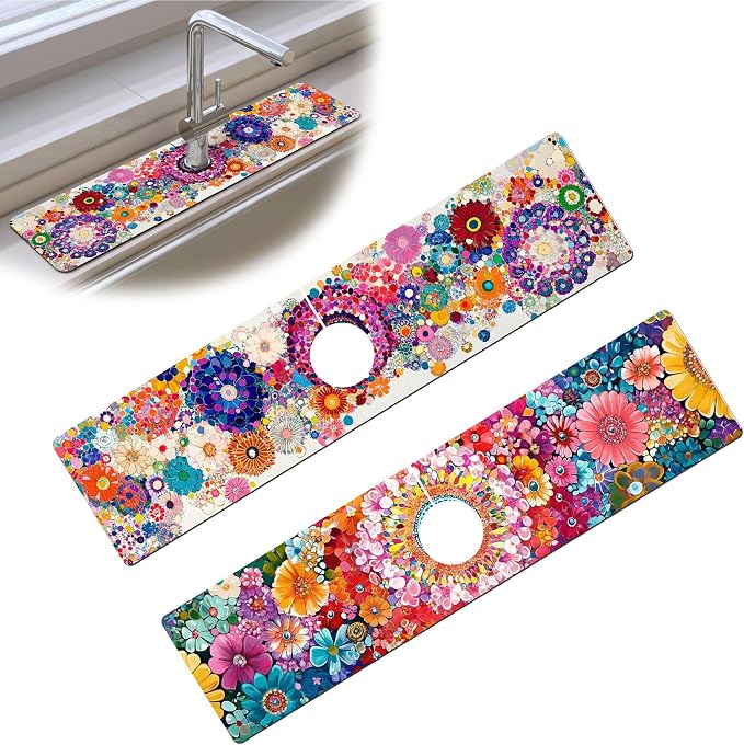 Bimkole 2 PCS Faucet Absorbent Mat, Kitchen Faucet Sink Splash Guard Wraparound Cloth Pads Drip Catcher for Sink Faucet for Kitchen Bathroom Faucet, Colorful Faucet Mat, 15 x 4 Inch Flower A3 by Bimkole