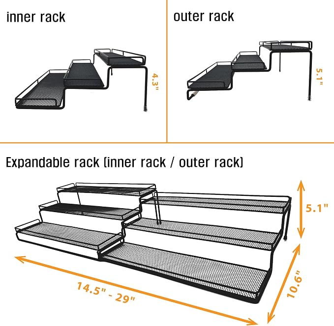 3 Tier Wide Expandable Cabinet Spice Rack Organizer (14.5" to 29.1") - Step Shelf with Protection Railing, Black | Wide, deep expandable spice rack for large spice jars, seasoning bottles, cans, and pantry organization. - Image 6