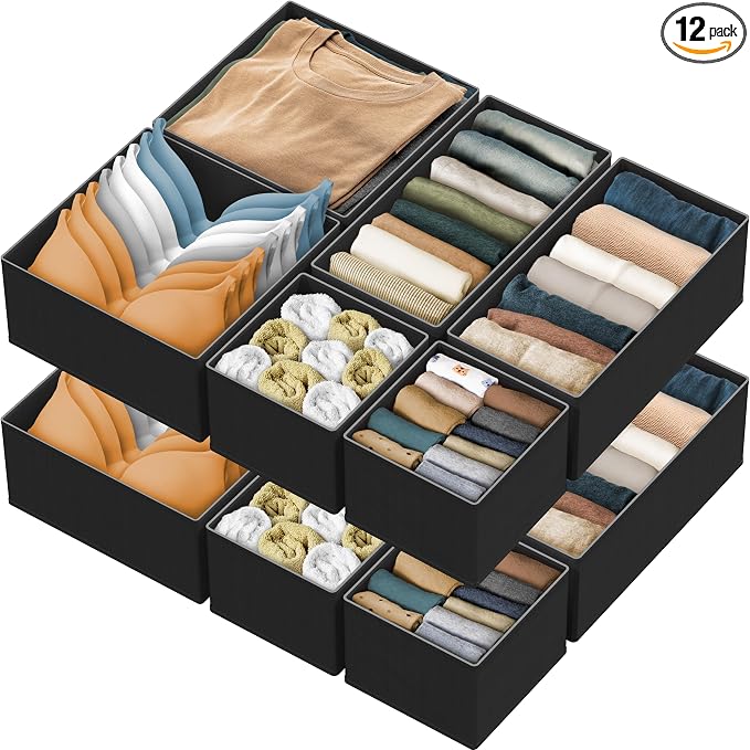 Simple Houseware Foldable Drawer Organizer Stocking Bin, Set of 12, Black | Fabric Storage Bins for Clothes, Underwear, Bra, Panty, Socks, Onesies – Closet & Dresser Dividers for Home by SimpleHouseware