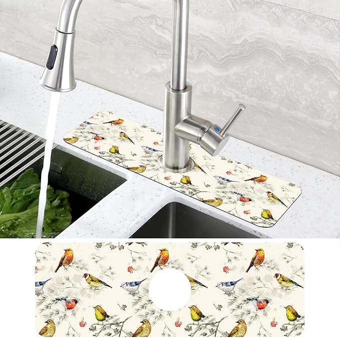 Vintage Watercolor Birds Dish Drying Mat for Kitchen Sink Splash Guard Behind Faucet Sink Mat Absorbent Fast Drying Faucet Draining Mat for Bathroom Kitchen 5.5"×15" - Image 4