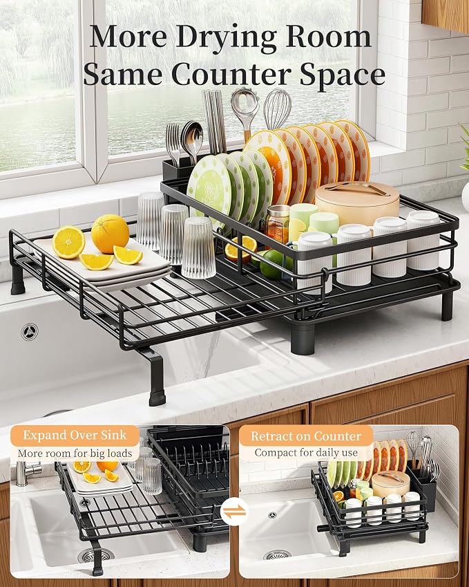 SAYZH Expandable Dish Drying Rack for Kitchen Counter, Metal, Black | Foldable Over Sink, Large Capacity, Rust-Resistant, Adjustable for Most Sinks, Automatic Drainage, Removable Utensil Holder - Image 2
