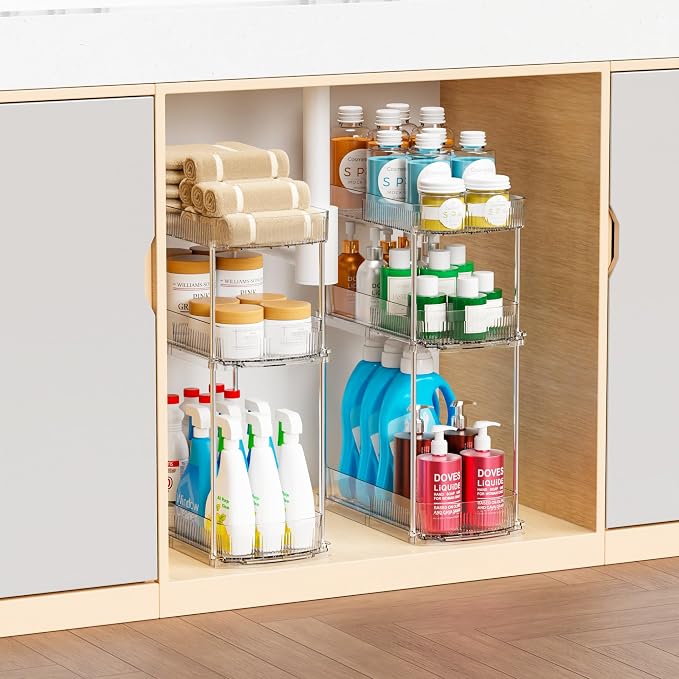 2 Pack 3 Tier Large Pull Out Bathroom Organizers and Storage,13.8″ Deep Sliding Kitchen Under Sink Organizer for Cleaning Products Storage,Acrylic Clear Bathroom inder Sink Organizer,Undersink Storage - Image 7