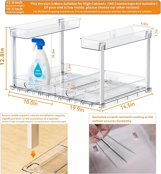 2 Pack 14.6″ Deep Pull Out Under Sink Organizer,12.8″ High 2 Tier Slide Out Cabinet Organizer for Kitchen Cabinet,Undersink Organizers,Under Sink Shelves,Bathroom Organizers and Storage,Clear - Image 4