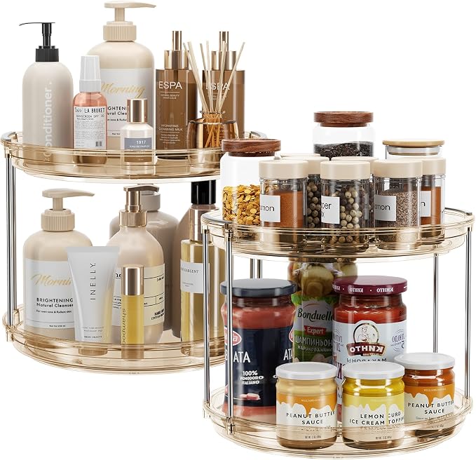 LAMU 2 Pack 2 Tier Lazy Susan Turntable Organizer 9.25'' Rotating Spice Rack Organization for Cabinet, Kitchen, Pantry, Countertop, Bathroom, Vanity, Medicine Cabinet Organizer, Amber by YourHome-OrganizationHelper