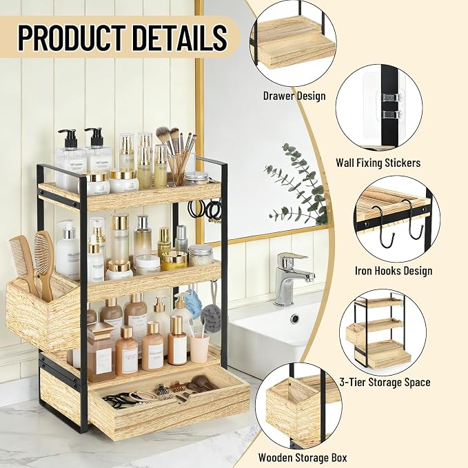 3-Tier Bathroom Counter Organizer with Drawer Basket and Hooks, Wood Bathroom Organizers and Storage for Countertop, Farmhouse Brown Countertop Organizer, Counter Shelf for Vanity, Kitchen,Office - Image 7