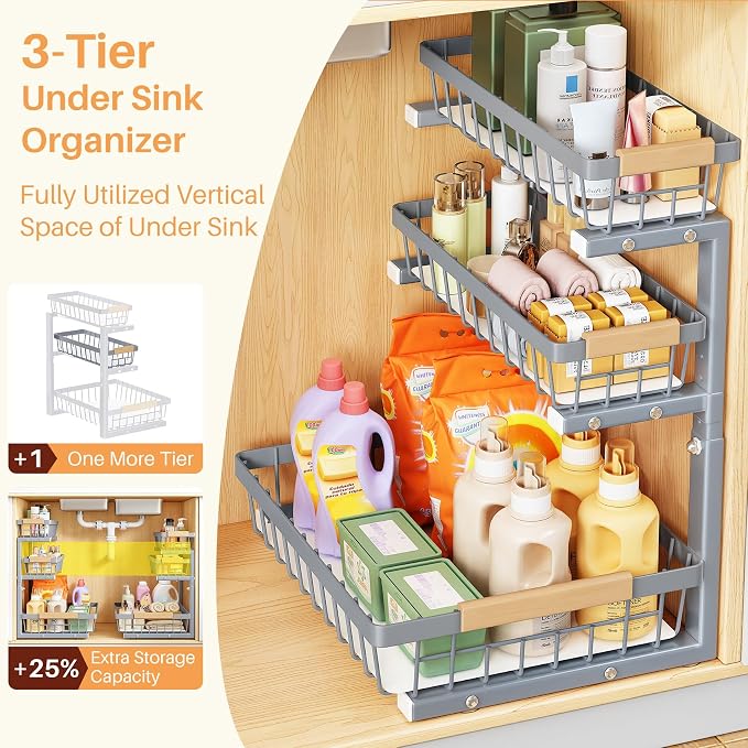PXRACK Under Sink Organizer, 1-Pack 3-Tier Height Adjustable Thickened Metal Pull out Cabinet Organizer Shelf, Slide out Storage Drawer Rack for Bathroom Kitchen Pantry Home Organization, Grey - Image 3