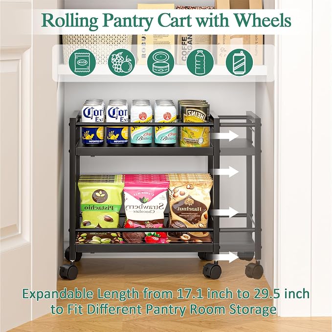 2-Tier Expandable Rolling Pantry Cart with Wheels, Adjustable Floor Organizer for Kitchen Pantry, Can Organizer for Pantry, Storage Cart for Snack, Food, Vegetables, Black, Patent Pending - Image 2